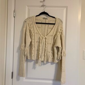 Zara Cream Open-Knit Fringe Tie-Front V-Neck Sweater